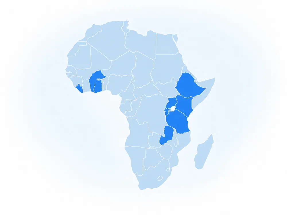 Map of Africa highlighting selected countries where JapakGIS has delivered projects